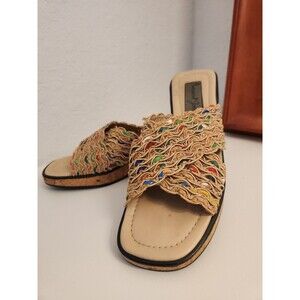 Vintage 80s Margaret Jerrold Made in Spain Woven Raffia Cork Wedge Slide Sandals